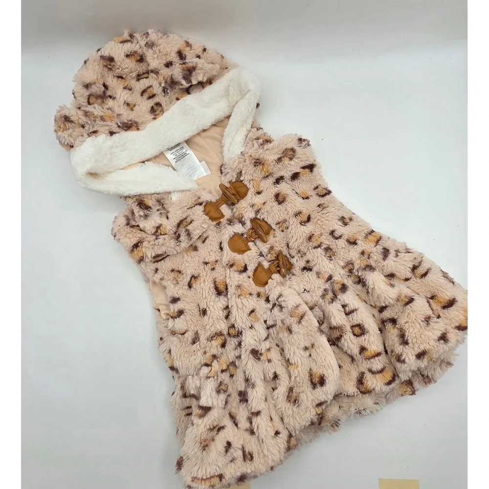 Little Lass Toddler Girls Leopard Faux Fur Hooded Toggle Vest Bear Ears 2T